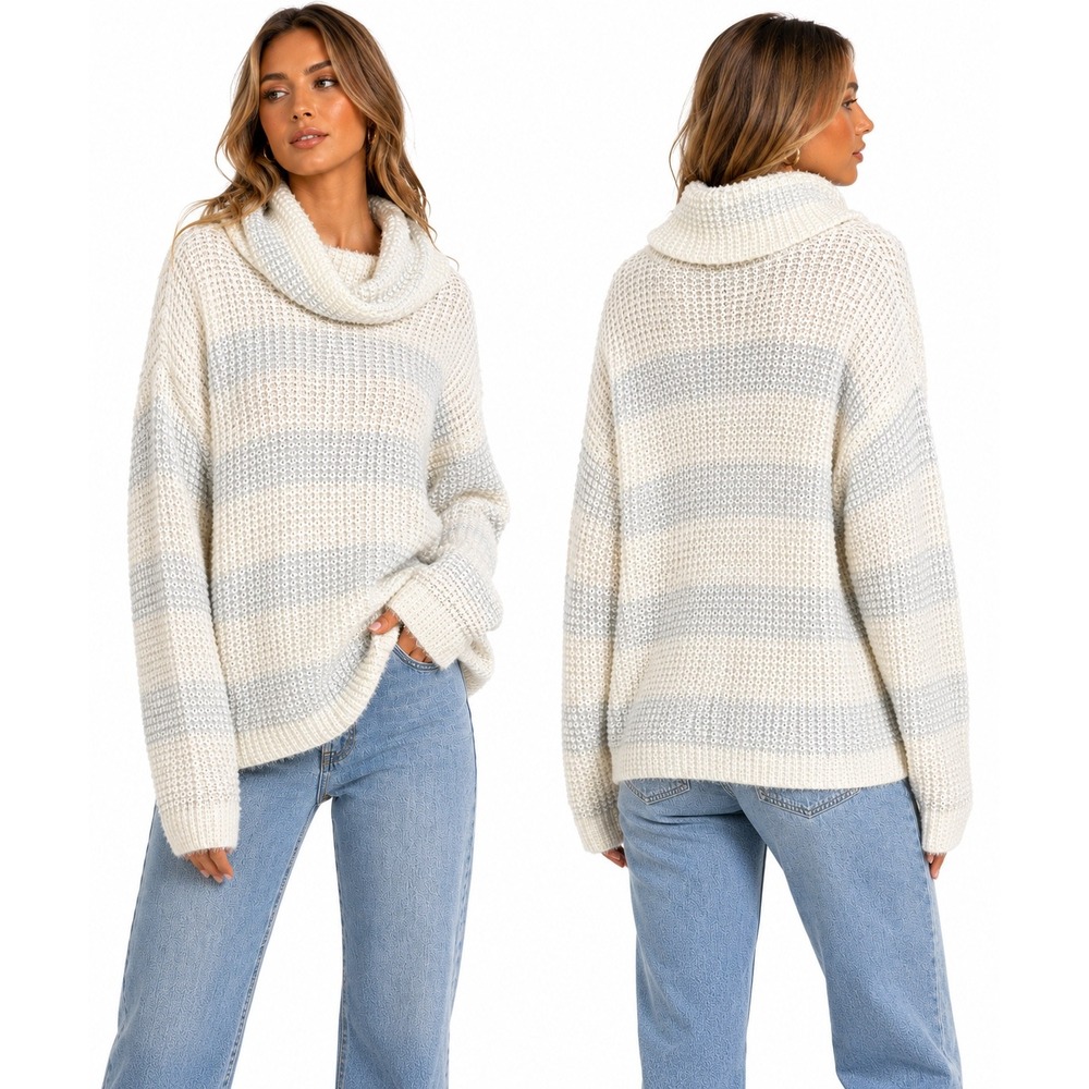 Adyson Parker Sweater Women Large White Striped Eyelash Knit Cowl Neck Cozy Core